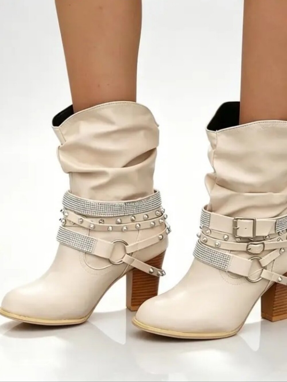 Women' Ankle with Heel & Round Toe - Studded/Rhinestone Buckle Strap, Non-Slip